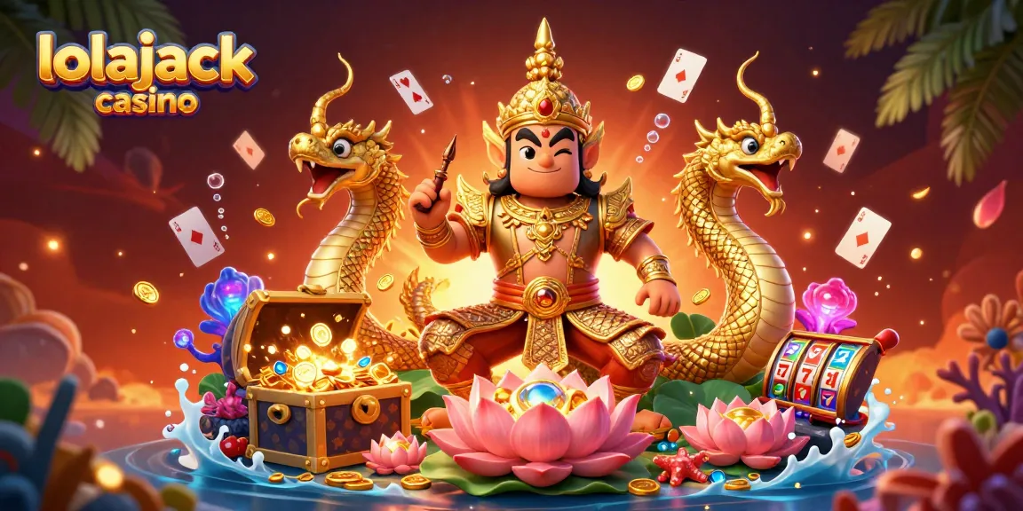 Lolajack Casino features a vibrant 3D illustration with guardians, treasures, and casino elements.