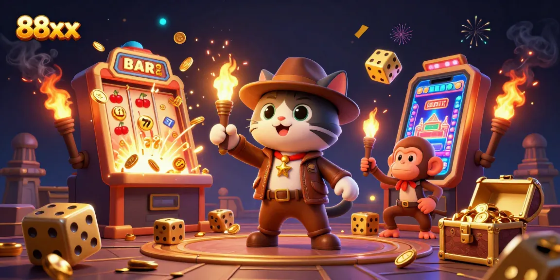 Engage with exciting gameplay at 88xx, as the explorer cat finds a golden artifact amidst a colorful casino scene.