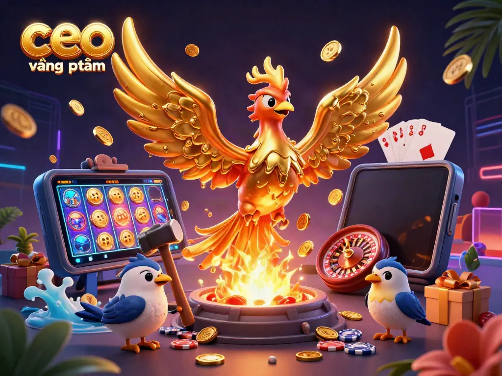 Experience the exciting world of gambling with ceo vương phạm as the golden phoenix rises from molten gold, surrounded by dynamic gaming elements.