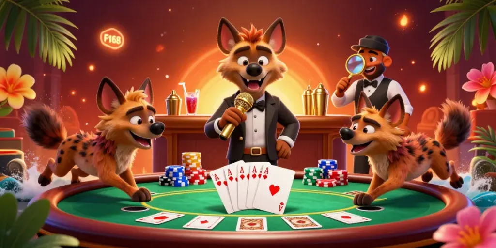 Hyenas entertain at F168 casino with vibrant gaming elements and dynamic decor.