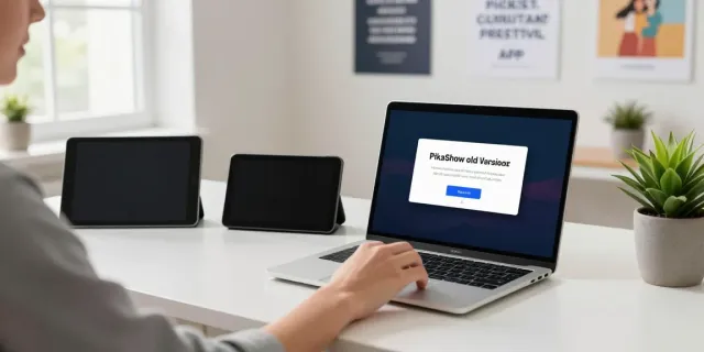PikaShow old version APK being downloaded on a sleek laptop in a modern workspace.