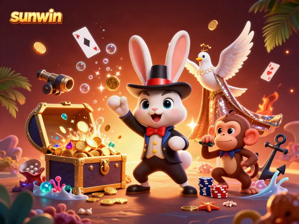 Experience the thrill of sunwin as a magician rabbit conjures golden coins, set in a vibrant casino scene.
