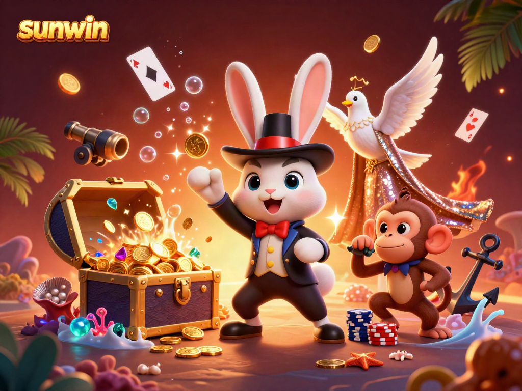 Experience the thrill of sunwin as a magician rabbit conjures golden coins, set in a vibrant casino scene.