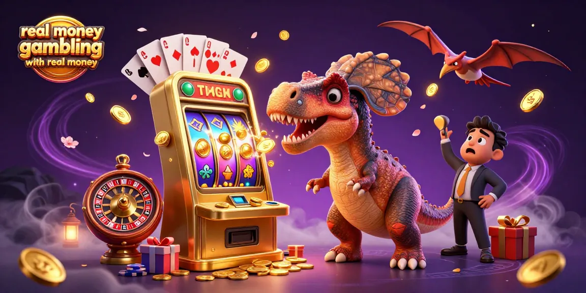 Experience real money gambling with real money as a pachycephalosaurus headbutts a slot machine for gold coins.