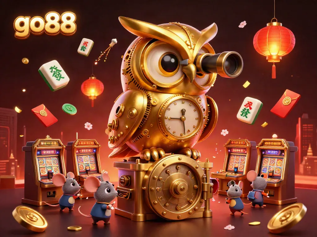 Engage in exciting gameplay at go 88, where a 3D golden owl oversees vibrant activities in a charming casino.