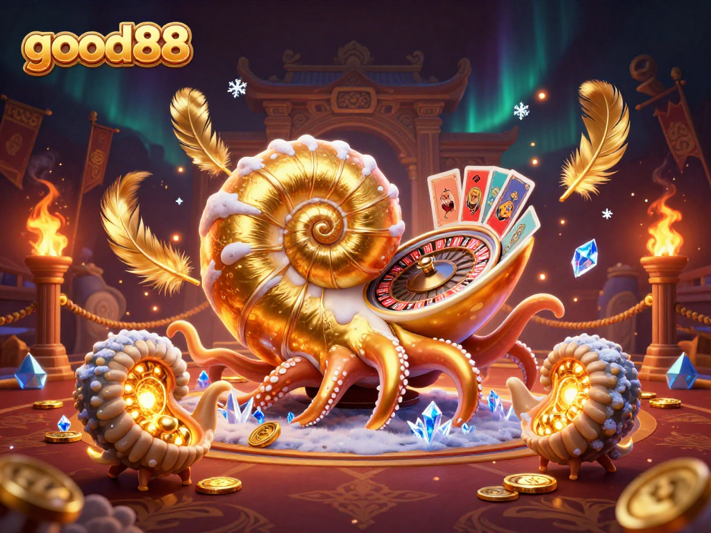 Experience thrilling gameplay at good88 with a giant nautilus spinning roulette, card hands, and glowing ammonites.