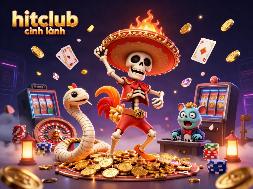 Experience thrilling wins at hitclub chính hãng with lively casino characters celebrating on a pile of gold coins.