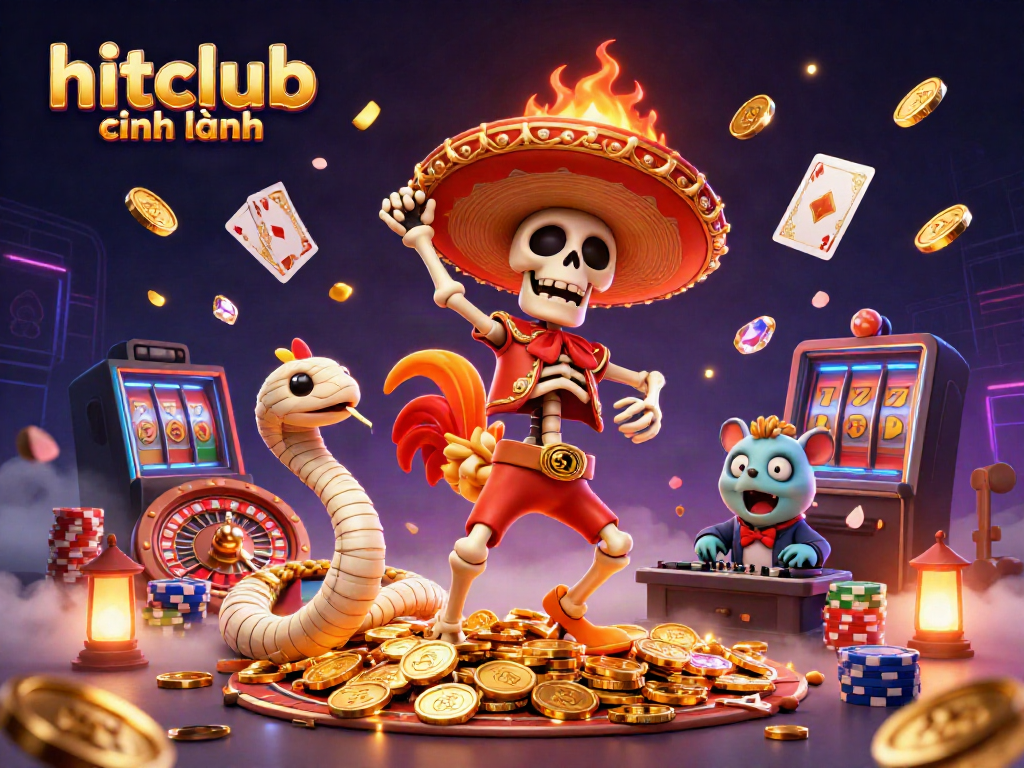 Experience thrilling wins at hitclub chính hãng with lively casino characters celebrating on a pile of gold coins.