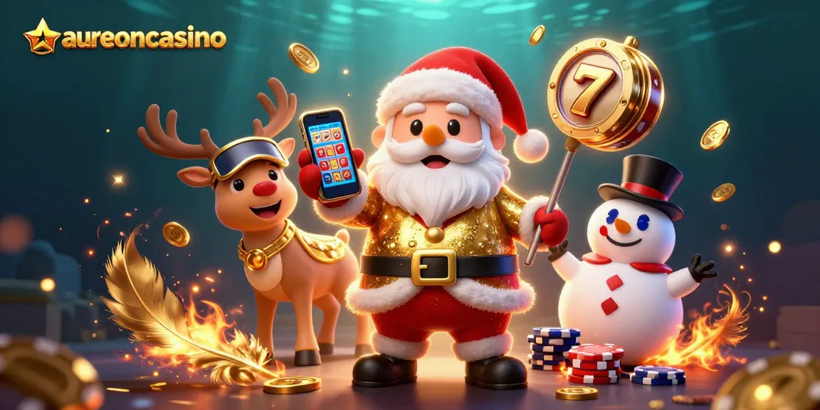 Aureoncasino showcases a lively casino scene with Santa, a reindeer dealer, and a poker chip snowman amidst jackpot slots.