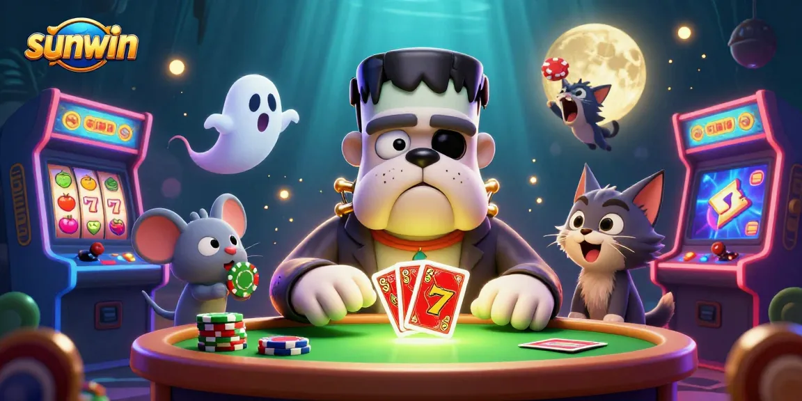 Experience thrilling gameplay and vibrant visuals at sunwin with cartoon monsters dealing cards amidst lively slot machines.